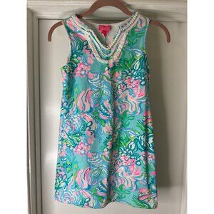 Lilly Pulitzer Girls Classic Shift Dress Blue and Pink Tropical Print Size L 10